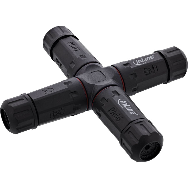 Netstroomkoppeling IP68, 3-polig, 4-weg, M20, zwart