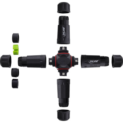 Netstroomkoppeling IP68, 3-polig, 4-weg, M20, zwart