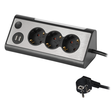 Bureau stekkerdoos met 3 stopcontacten en 2 USB-poorten – zwart – 1,5 m