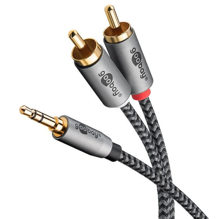 50 cm Plus Premium 3,5 mm Jack naar 2x RCA Tulp Kabel - Koper - Verguld - Zwart/zilver