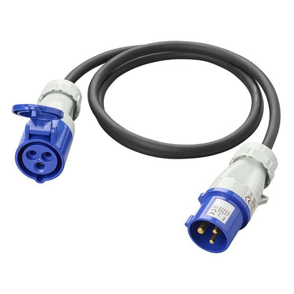 1,5 meter CEE Verlengkabel CEE (m) naar CEE contra (v), 3-polig  –  2,5 mm² – 230V – 16A – IP44 - Zwart