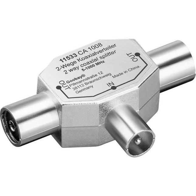 Coaxiale T-adapter – dubbele coaxiale aansluiting > coaxiale stekker – metalen uitvoering