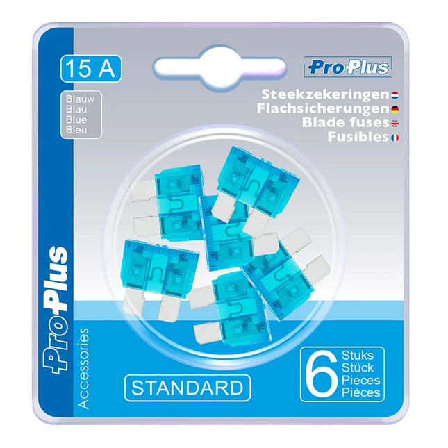 Standaard Steekzekeringen 15A – Blauw – 6 Stuks (Blisterverpakking)
