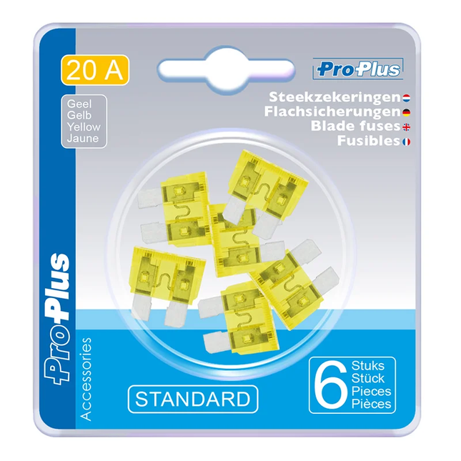 Standaard Steekzekeringen 20A – Geel – 6 Stuks (Blisterverpakking)