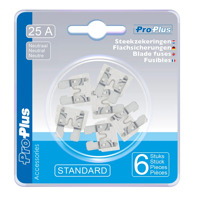 Standaard Steekzekeringen 25A –  6 Stuks – Neutraal (Blisterverpakking)