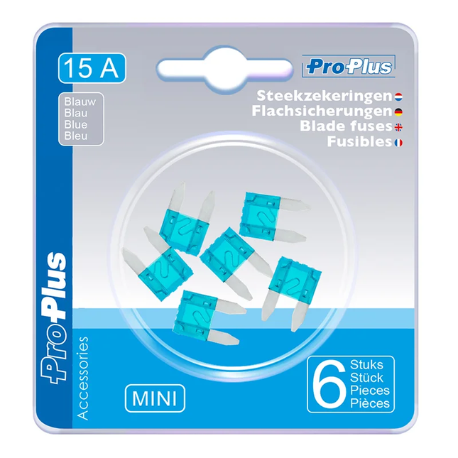 Steekzekeringen mini 15A blauw – 6 stuks in blister
