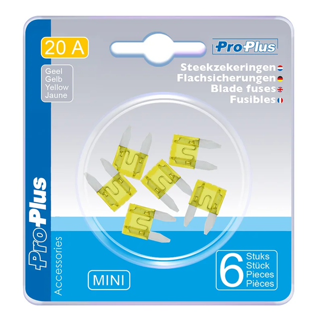 Steekzekeringen mini 20A geel – 6 stuks in blister