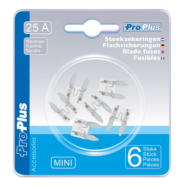 Steekzekeringen mini 25A neutraal – 6 stuks in blister