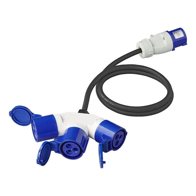 1,5 meter ProPlus Verloopkabel – 3-weg – 3 x 1,5 mm² – CEE stekker naar 3 CEE contrastekkers