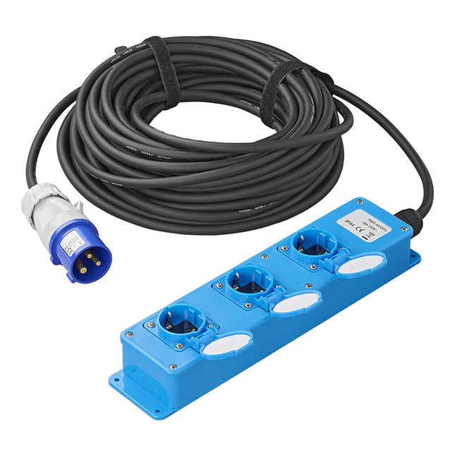20 meter ProPlus Stekkerdoos – 3-weg Schuko – IP44 – Neopreen kabel - Blauw