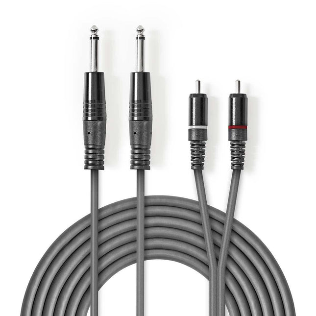 5 meter 2x 6,35mm Jack – Tulp (RCA) Stereo Audiokabel - Grijs - Koper - Vernikkeld