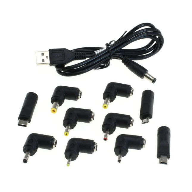 1 meter Universele USB laadkabel met DC stekker en adapters – 10-delig - Zwart