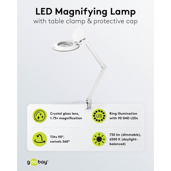 LED-Loeplamp met Klem – Dimbaar – 9 W – Kristalglas – 1,75x Vergroting – Wit