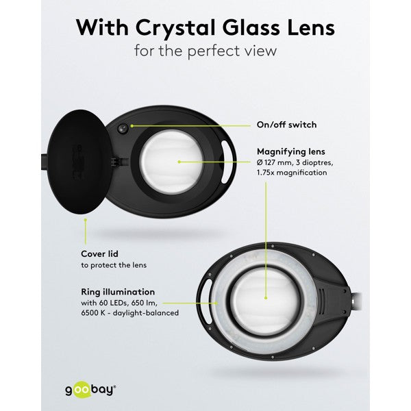 LED-Loeplamp met Tafelklem – Kristalglazen Lens – 8 W – 1,75x Vergroting – Zwart