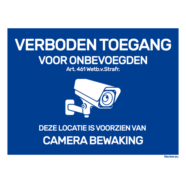 BRD1520VTCB Bordje camerabewaking - Geen toegang voor onbevoegden - Blauw / Wit - 15x20 cm