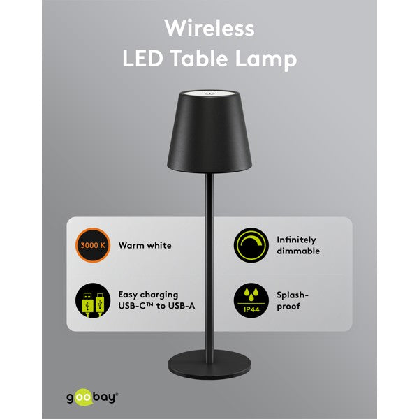 Draadloze LED-Tafellamp – 37,5 cm – Warm Wit – Dimbaar – Zwart