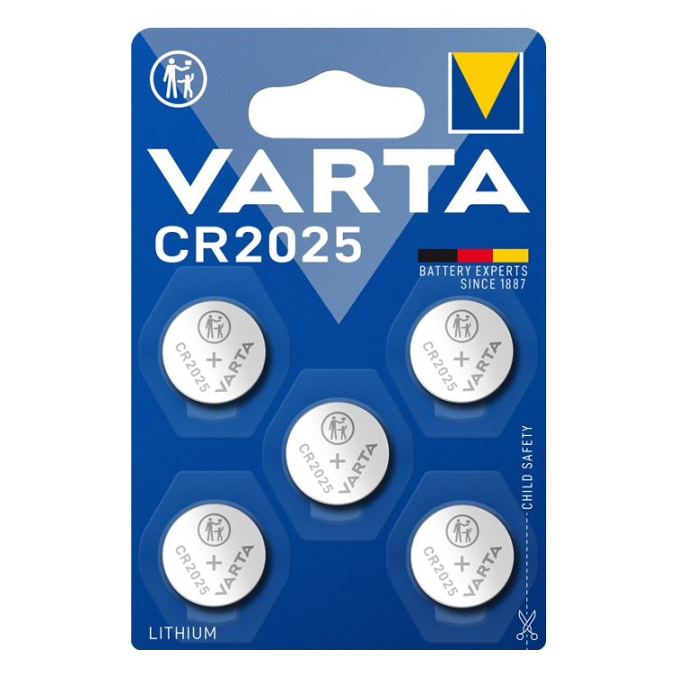 CR2025-VRT-5 Varta 3 volt knoopcel batterijen CR2025  -  5 stuks