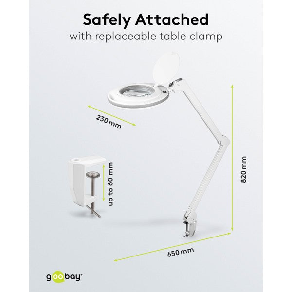LED-Loeplamp met Klem – Dimbaar – 9 W – Kristalglas – 1,75x Vergroting – Wit