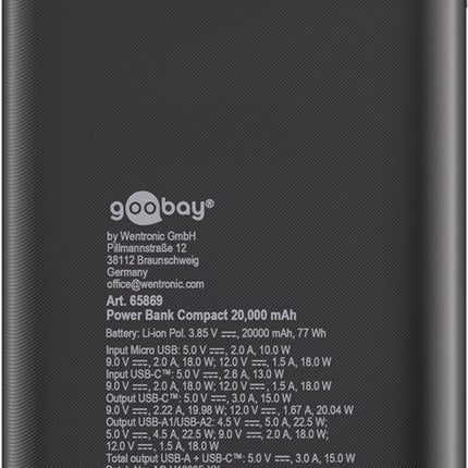 20.000 mAh powerbank  - 1x USB-C + 2x USB-A - Met PD & QuickCharge 3.0 - Extra klein