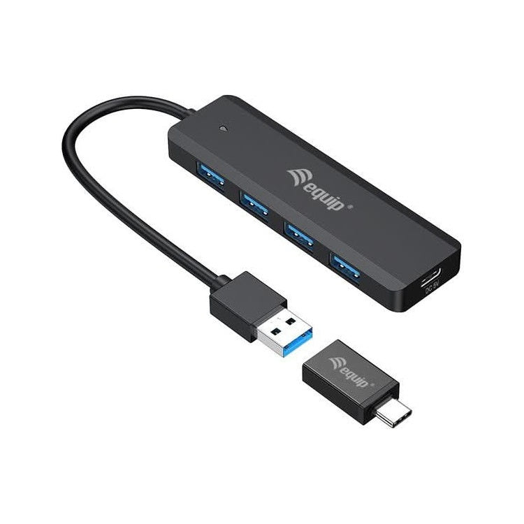 EQ-128959 4-poorts USB 3.2 Gen 1-hub + USB-C Adapter - Multipoorthub - 5 Poorten - Zwart