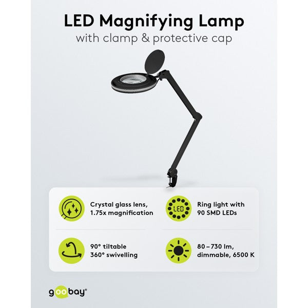 LED-Loeplamp met Klem – Dimbaar – 9 W – Kristalglas – 1,75x Vergroting – Zwart