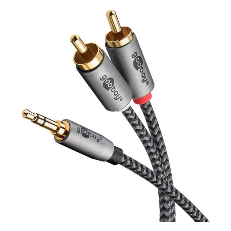 GBP-A3.5M-RCA-5 5 meter Plus Premium 3,5 mm Jack naar 2x RCA Tulp Kabel - Koper - Verguld - Zwart/zilver