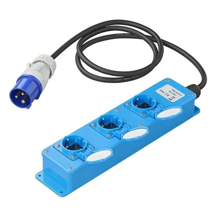 GK-01181 1,5 meter  Stekkerdoos - CEE naar 3 Schuko - IP44 - 16A - Blauw