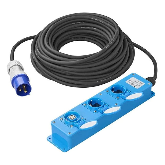 GK-01185 20 meter ProPlus CEE stekkerdoos - 3-voudig + 2× USB - neopreen kabel