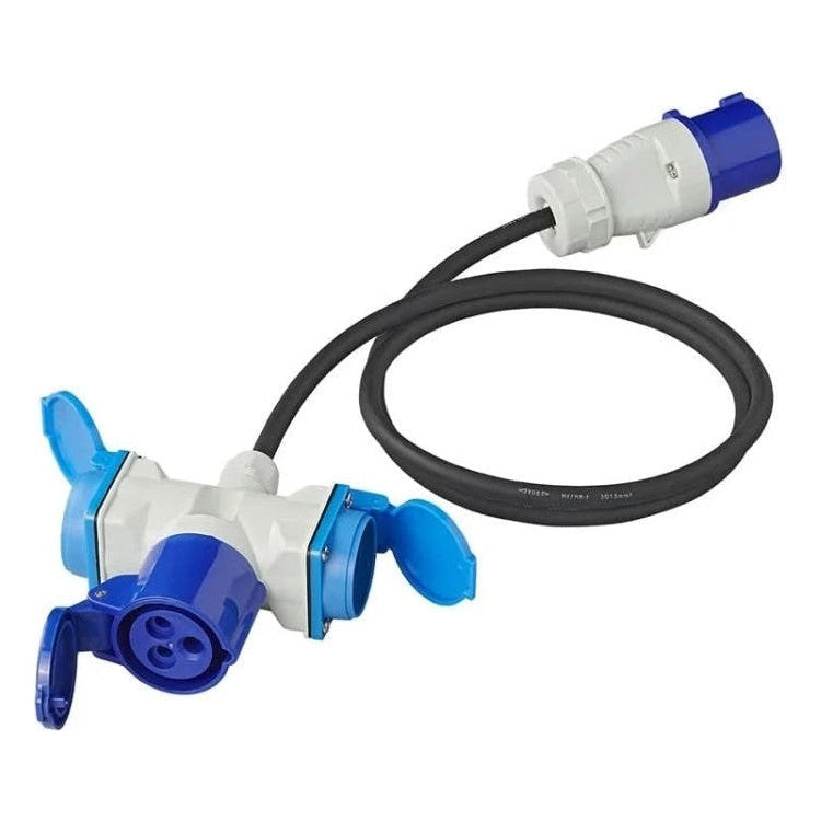 GK-01186 1,5 meter ProPlus verloopkabel - 3 weg - CEE stekker naar CEE en Schuko WCD - Zwart
