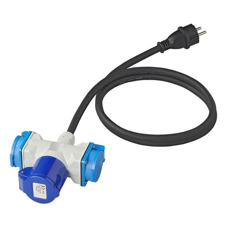 GK-01189 1,5 meter ProPlus Verloopkabel - 3-weg - 3 x 2,5 mm² - Schuko naar CEE + 2 x Schuko - Zwart