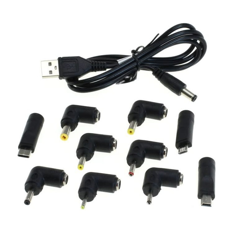 GK-01349 1 meter Universele USB laadkabel met DC stekker en adapters - 10-delig - Zwart