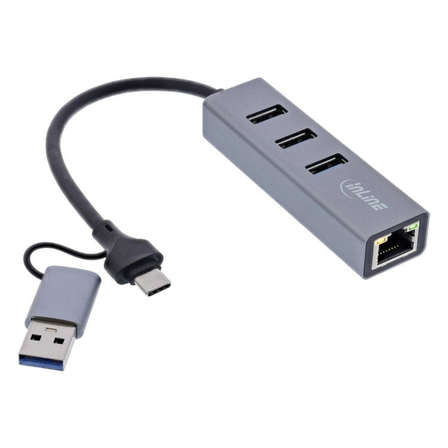 GK-11734 15 cm - USB-A / USB-C naar RJ45 + 3x USB-A adapter - USB 3.2 Gen.1 - Gigabit Ethernet - aluminium