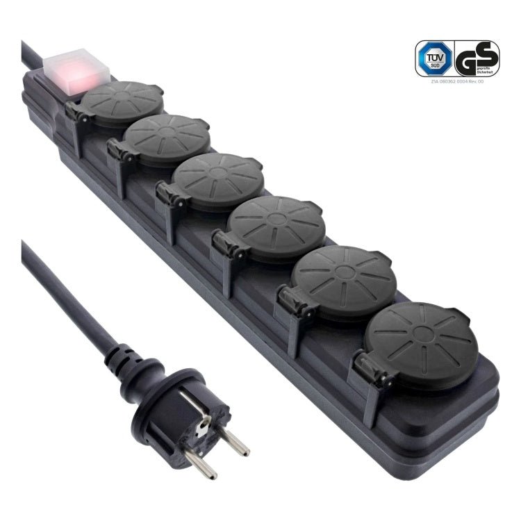 GK-11849 3 meter IP44 Outdoor stekkerdoos met 6 contacten en schakelaar - zwart