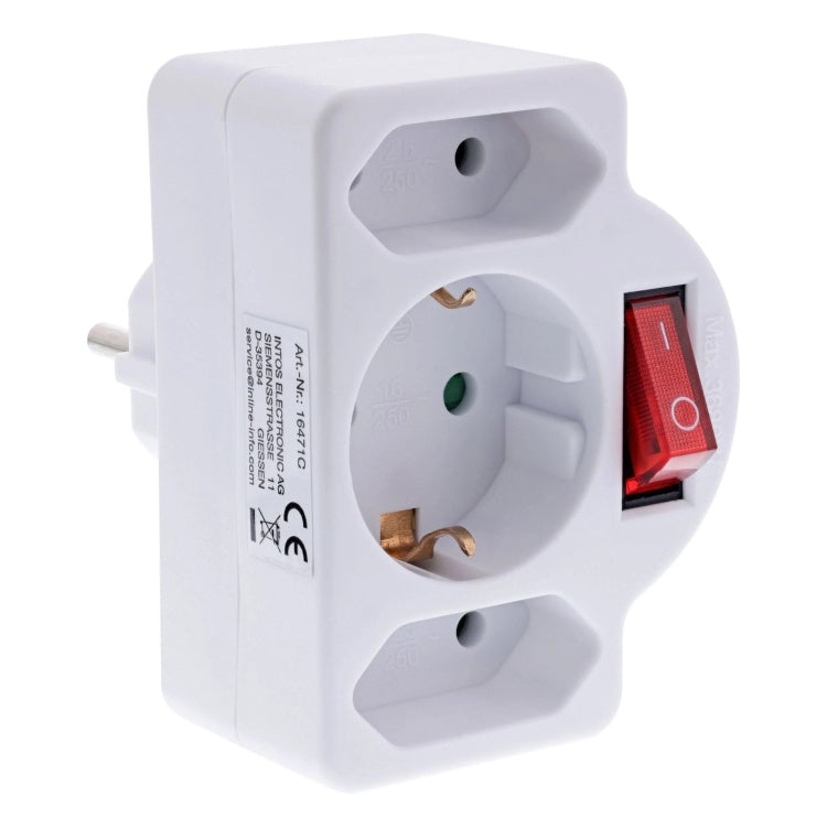 GK-11858 Wandcontactdoosadapter met schakelaar - 2x Euro + 1x Schuko - wit