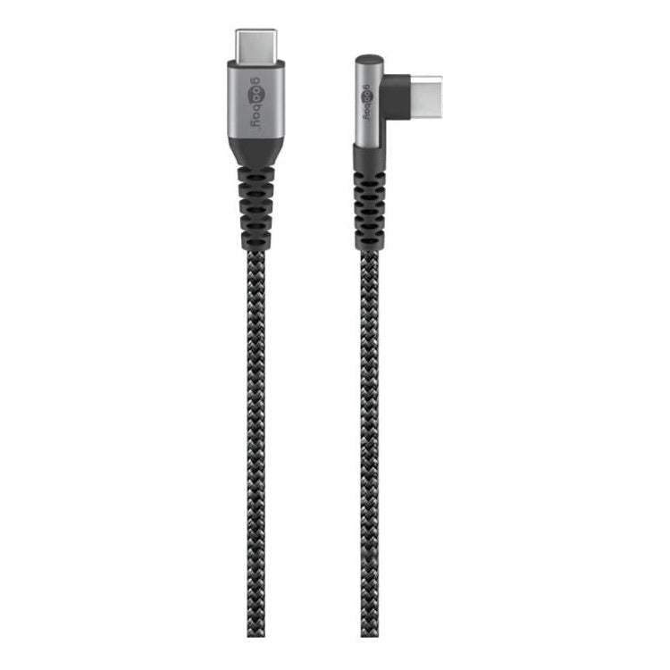 GK-12120 2 meter USB C naar USB C textielkabel -  90° haaks - 60 watt - grey/silver