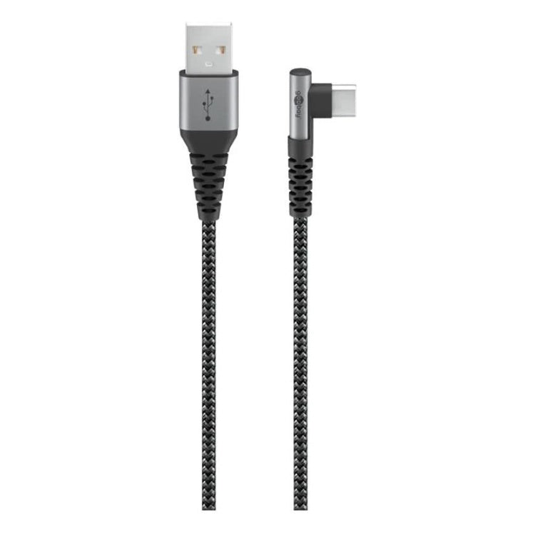 GK-12121 50 cm USB-C naar USB-A textielkabel met metalen stekkers - haaks (90°) - zwart/grijs