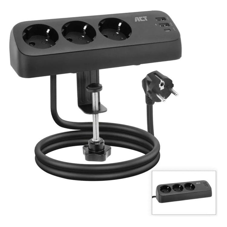 GK-12667 ACT AC2480 tafelstekkerdoos - 1,5 meter - 3 stopcontacten en 3 USB-poorten - zwart