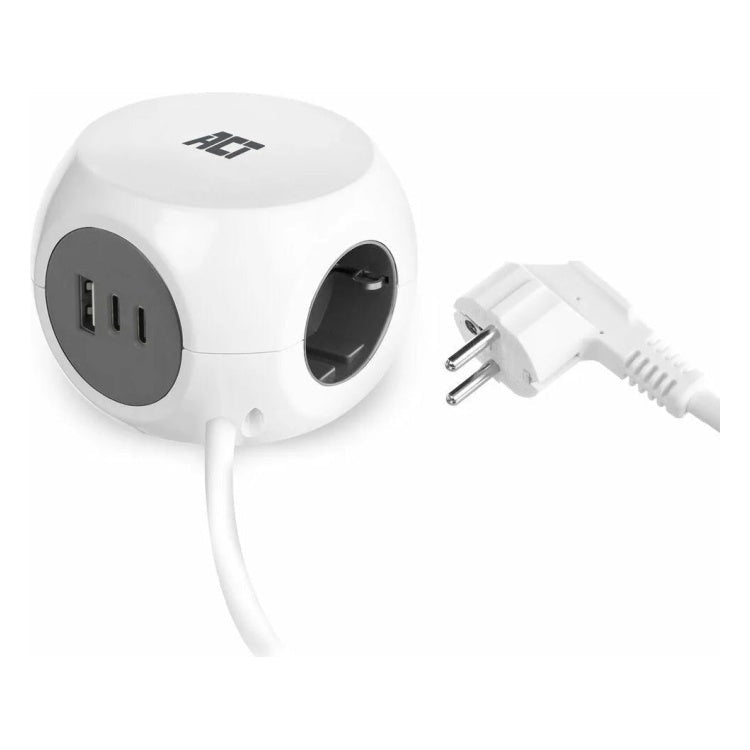 GK-12668 ACT AC2420 Power Block stekkerdoos - 1,5 meter - 3 stopcontacten en 3 USB-poorten - Wit