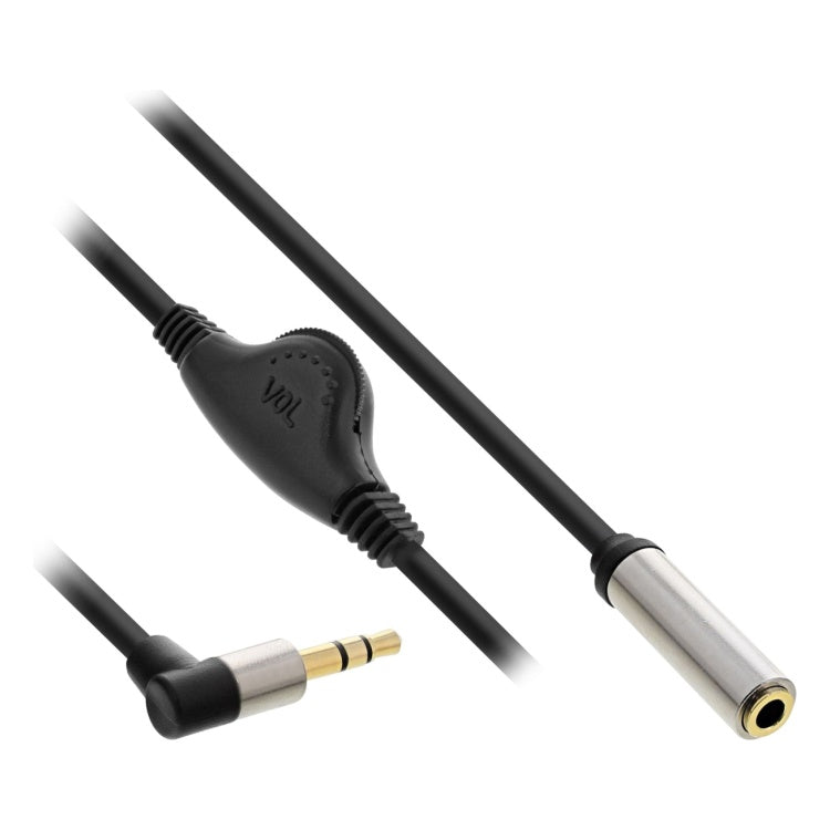 GK-13006 25 cm InLine Slim 3,5 mm jack-verlengkabel met volumeregeling - haaks male naar female - Zwart