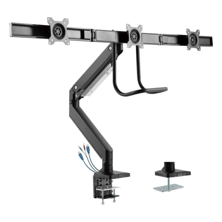 GK-13144 InLine verstelbare monitorarm voor 3 schermen met gasveer en USB 3.2 Gen.1 - 17 tot 27 inch - Zwart