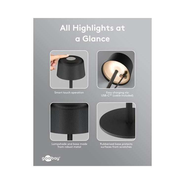 GK-13178 Draadloze LED-Tafellamp - 25 cm - Warm Wit - 3 Helderheidsstanden - Zwart