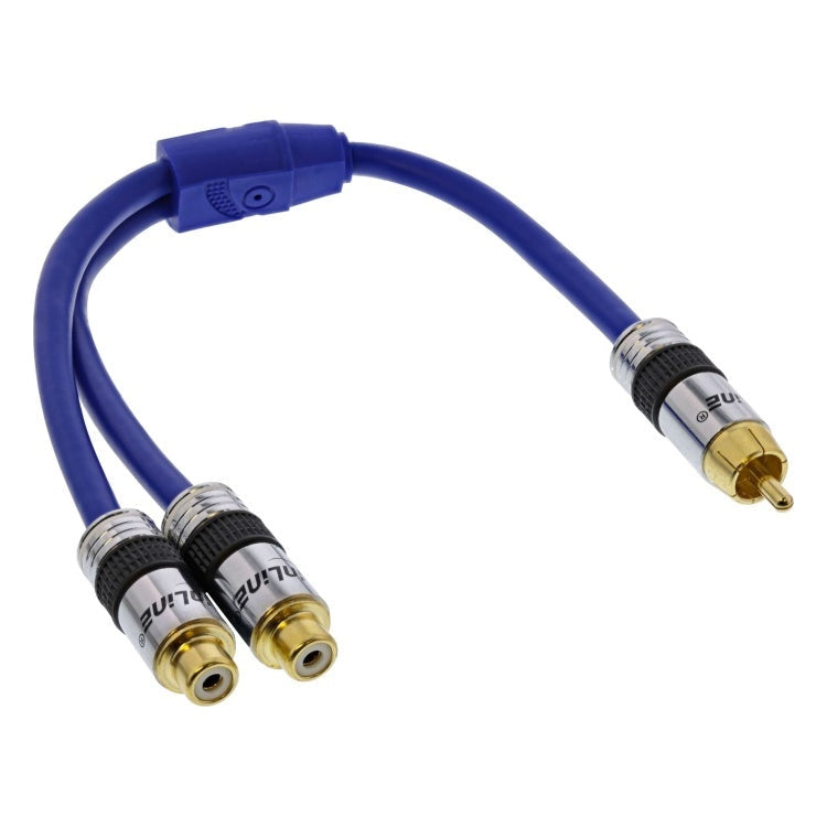 INL-YCS1-CS2-GP-BL 25 cm premium Tulp Y-kabel - 1x Tulp (m) naar 2x Tulp (v) - Verguld - Blauw
