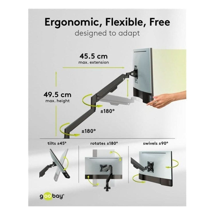 MA-1-G-FM9KG-2 Goobay Pro bureau monitorarm - 1 monitor - Met gasveer - Tot 32 inch / 9 KG