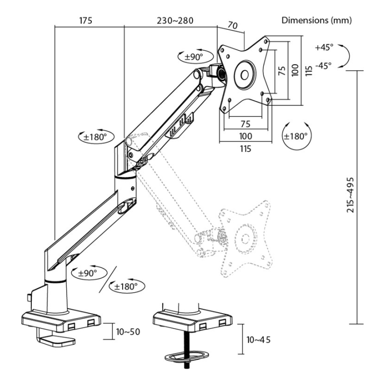 MA-1-G-FM9KG-2 Goobay Pro bureau monitorarm - 1 monitor - Met gasveer - Tot 32 inch / 9 KG