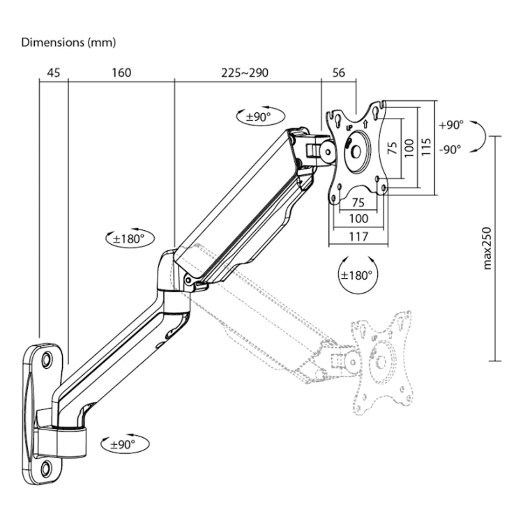 MA-1-MR-FM9KG Goobay muur monitorarm - 1 monitor - Met gasveer - Tot 32 inch / 9 KG