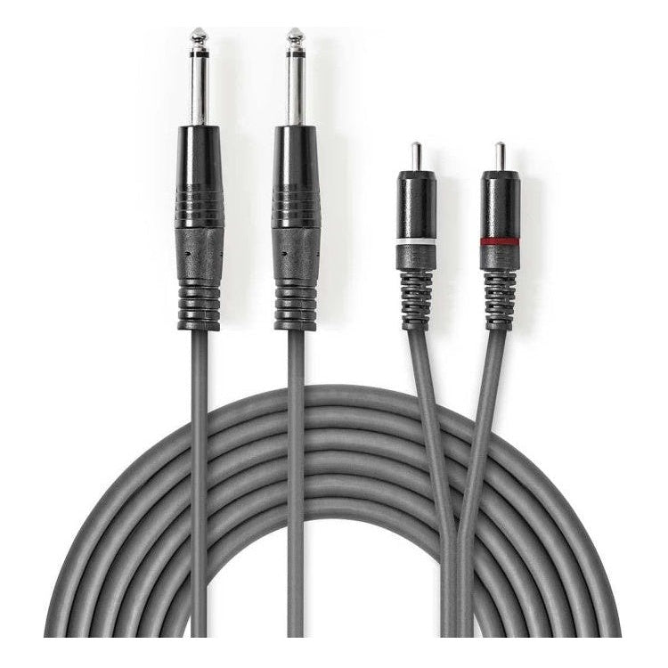 ND-2xA6.3-CS2-G-3 3 meter 2x 6,35mm Jack - Tulp (RCA) Stereo Audiokabel - Grijs - Koper - Vernikkeld