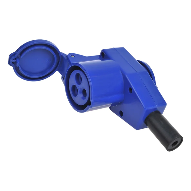 PAT-CEE3-HCD+SCH Haakse CEE contrastekker met stopcontact - 16A - 230V - 3-polig - blauw/wit