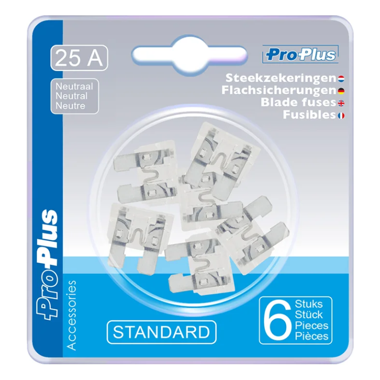 PAT-ZKR-25A-6 Standaard Steekzekeringen 25A -  6 Stuks - Neutraal (Blisterverpakking)