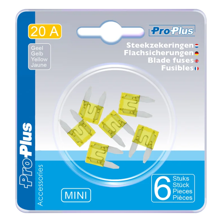 PAT-ZKR-MN-20A-6 Steekzekeringen mini 20A geel - 6 stuks in blister
