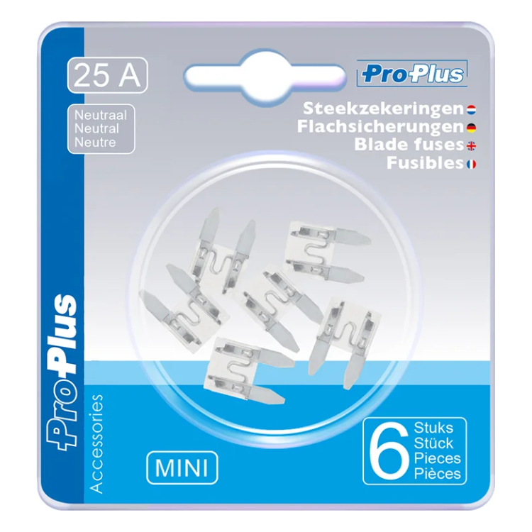 PAT-ZKR-MN-25A-6 Steekzekeringen mini 25A neutraal - 6 stuks in blister